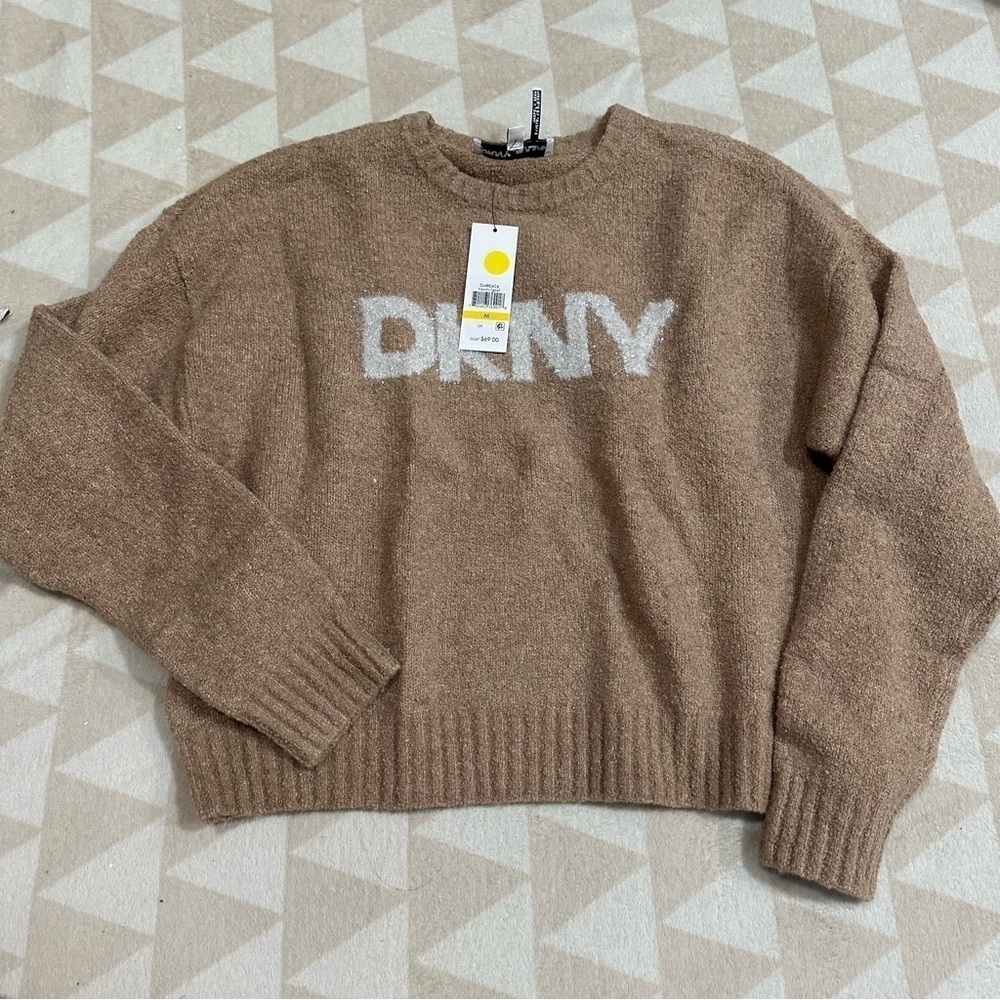 Dkny Women's Long Sleeve Bouclé Tinsel Logo Sweater